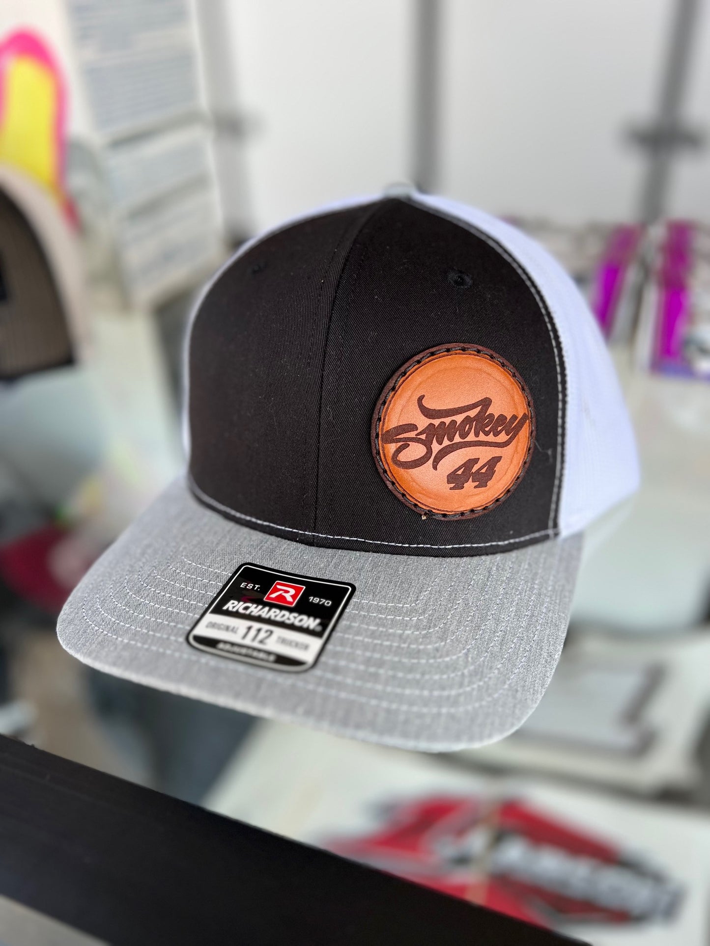 Black/White Mesh Smokey44 Leather Patch Snap Back Hat